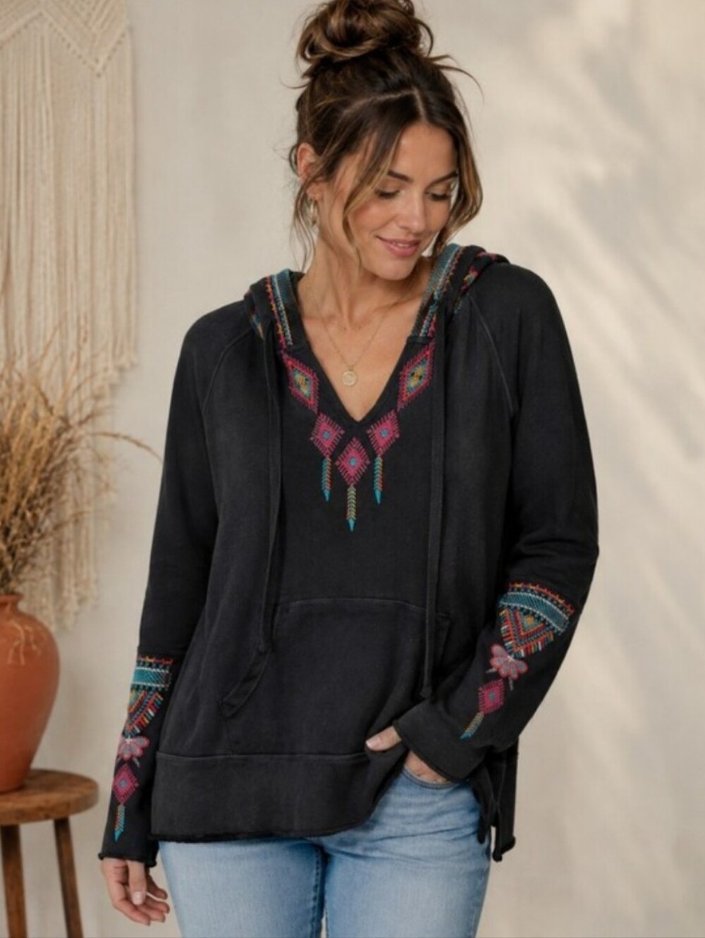 << Johnny Was >> Black Hoodie with Multicolor Embroidered Tribal Accents Size S